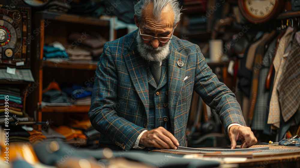 an elderly tailor in a plaid suit measuring fabric in a cozy tailoring shop filled with colorful fabrics and vintage decor an elderly tailor in a plaid suit measuring fabric in a cozy tailoring shop filled with colorful fabrics and vintage decor