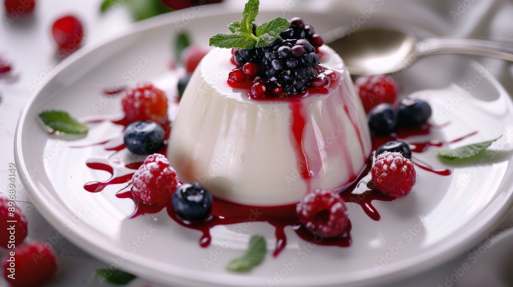 Delicious Creamy Panna Cotta Dessert with Fresh Berries and Mint on White Plate for Elegant Dining and Food Photography Delicious Creamy Panna Cotta Dessert with Fresh Berries and Mint on White Plate for Elegant Dining and Food Photography
