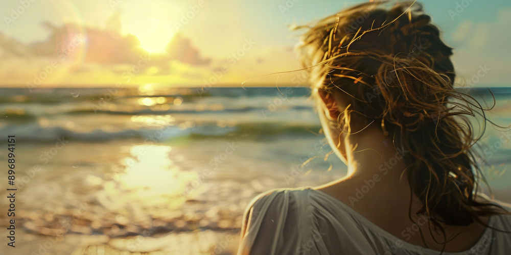 Close up woman figure on a summer picnic looking out at the evening sea ,youth day concept Close up woman figure on a summer picnic looking out at the evening sea ,youth day concept