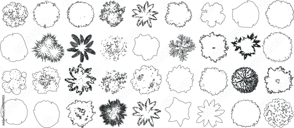 Tree top view outline collection, diverse foliage patterns, ideal for architectural plans, landscape designs, urban planning botanical illustrations, and garden 