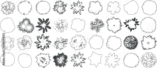 Tree top view outline collection, diverse foliage patterns, ideal for architectural plans, landscape designs, urban planning botanical illustrations, and garden 