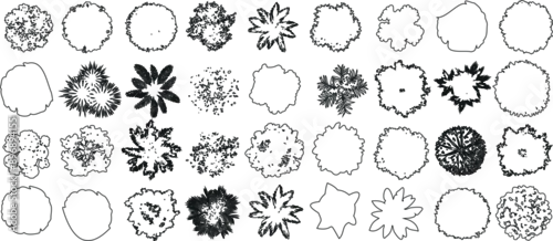 Obraz Tree top view outline collection, diverse foliage patterns, ideal for architectural plans, landscape designs, urban planning botanical illustrations, and garden 