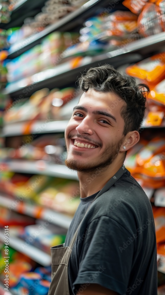 A cheerful grocery store employee smiles while working in the snack aisle, creating a welcoming shopping atmosphere. A cheerful grocery store employee smiles while working in the snack aisle, creating a welcoming shopping atmosphere.