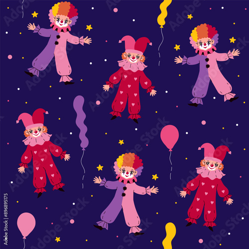 Seamless pattern with cute clowns and balloons. Vector graphics.