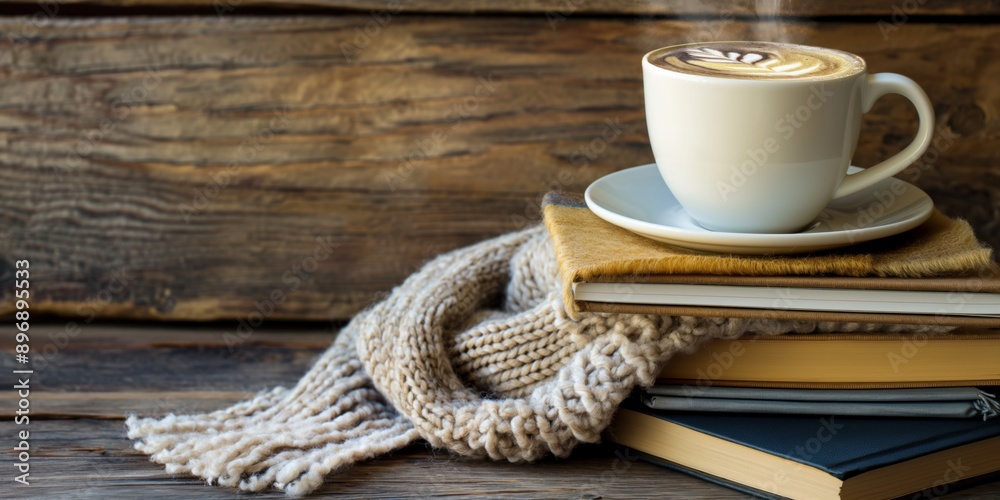 A photo of a steaming cup of hot coffee with a background featuring a knitted scarf and a stack of books, all arranged on a wooden table. A photo of a steaming cup of hot coffee with a background featuring a knitted scarf and a stack of books, all arranged on a wooden table.