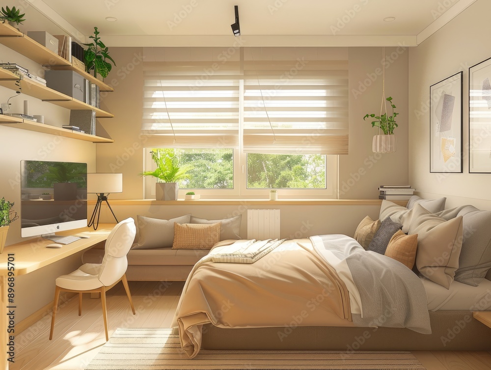 Fototapeta premium A small bedroom with a bed, desk, and chair