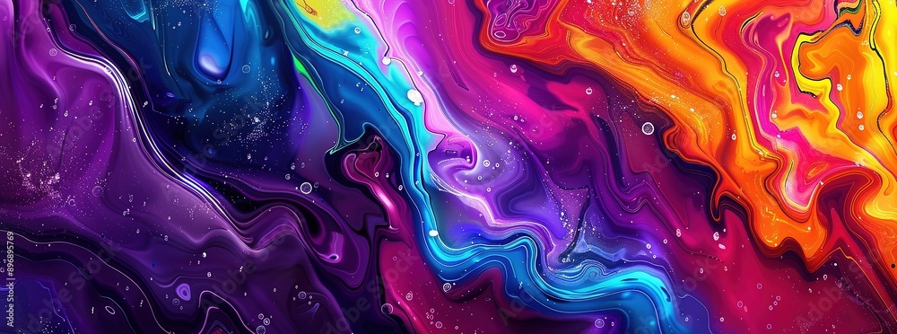 Vibrant Psychedelic Abstract Pattern with Colorful Swirls and Waves in Liquid Paint Background