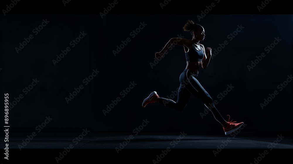 Silhouette of athletic woman running in dark background, highlighting fitness, determination, and motion in a dynamic sports scene. Silhouette of athletic woman running in dark background, highlighting fitness, determination, and motion in a dynamic sports scene.