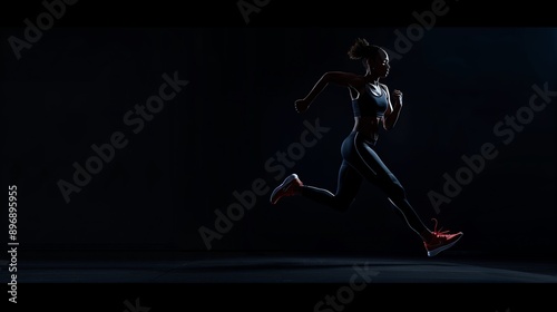 Silhouette of athletic woman running in dark background, highlighting fitness, determination, and motion in a dynamic sports scene.