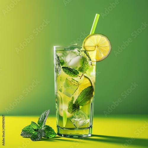 Refreshing Mojito cocktail in a tall glass with lime slice, mint leaves, and ice, against a vibrant green background.