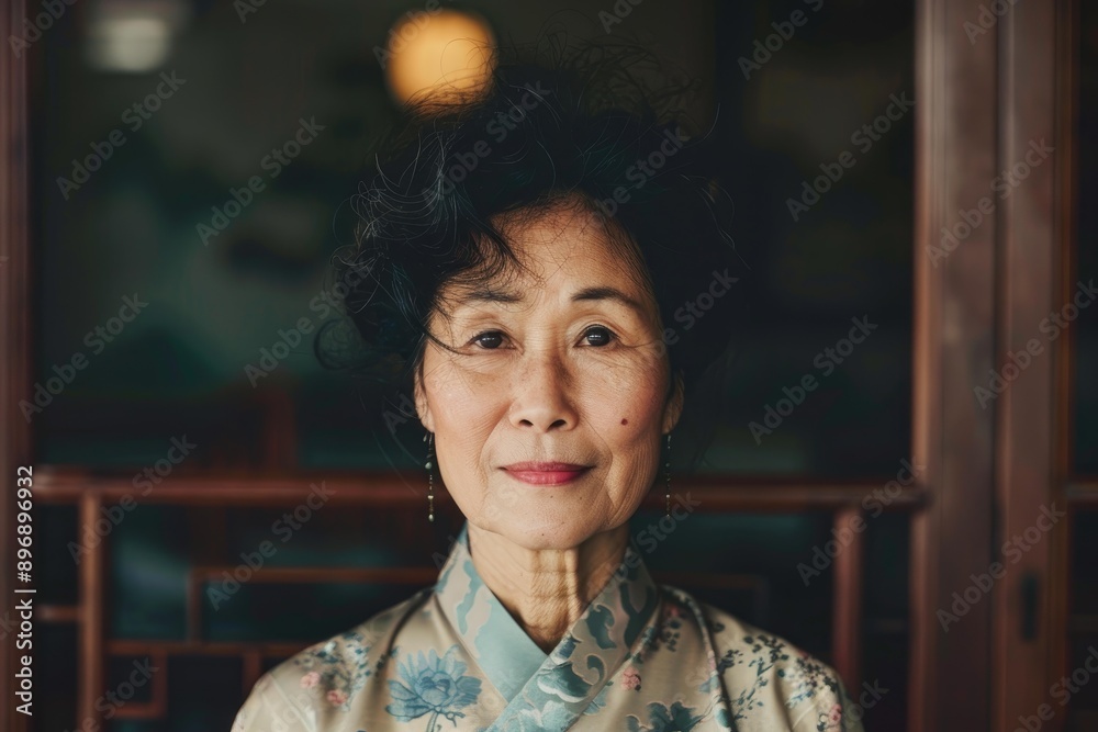 Portrait of a poised senior asian woman dressed in a beautiful kimono with a serene expression Portrait of a poised senior asian woman dressed in a beautiful kimono with a serene expression