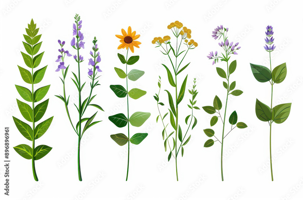 Naklejka premium A stunning collection of medical herbs and wildflowers, beautifully illustrated in a detailed, realistic style, ideal for decor.