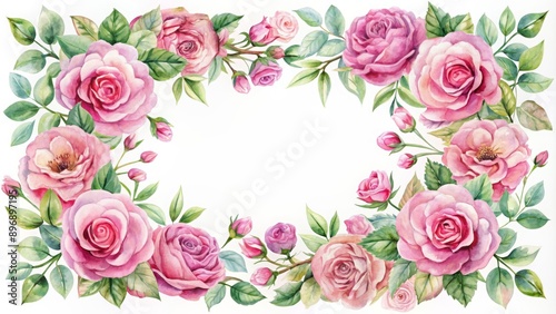 Watercolor floral frame featuring pink roses for decorative purposes, watercolor, floral, frame, pink, roses