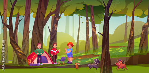 Kid in forest camp tent with animal and friends cartoon adventure illustration. Outdoor summer activity for boy group with running bunny, wild hog and skunk. Children discussion wildlife layout