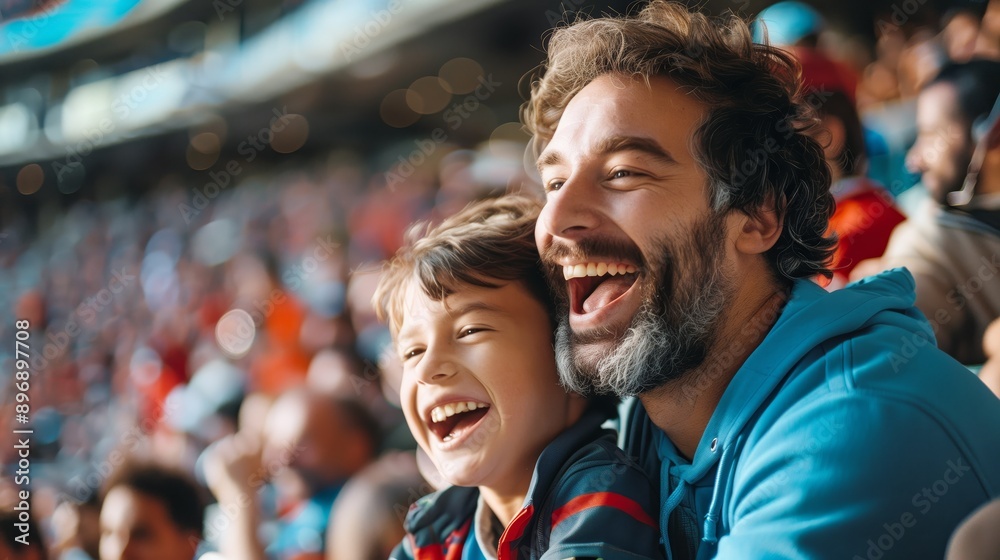 Father and son laughing and cheering together at a lively sports event, capturing a joyful and bonding moment. Father and son laughing and cheering together at a lively sports event, capturing a joyful and bonding moment.