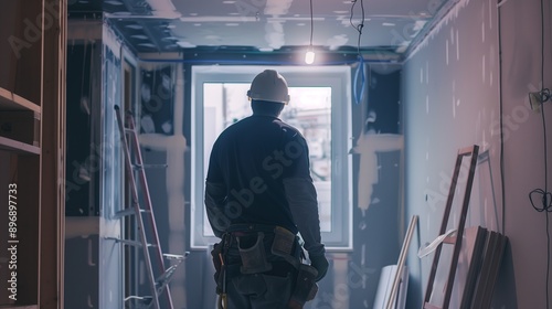 Wallpaper Mural Back view of a construction worker in safety gear inspecting a partially renovated room under artificial lighting. Torontodigital.ca