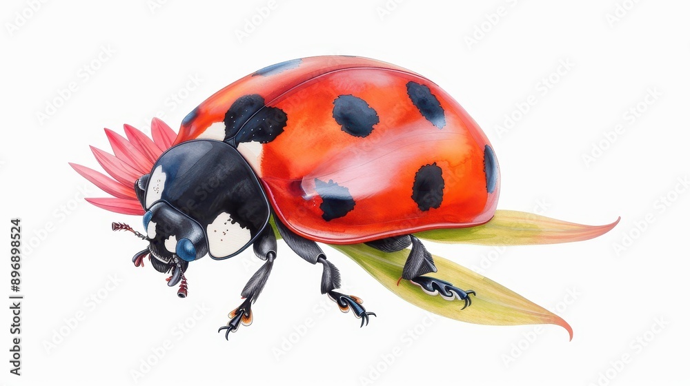 Fototapeta premium Vivid watercolor art of a ladybug perched on a flower, showcasing natures beauty on a clean white backdrop.