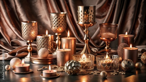 Fototapeta Naklejka Na Ścianę i Meble -  Luxurious arrangement of rose gold ornaments, candle holders, and decorative accents on a velvet cloth background with subtle shadows.