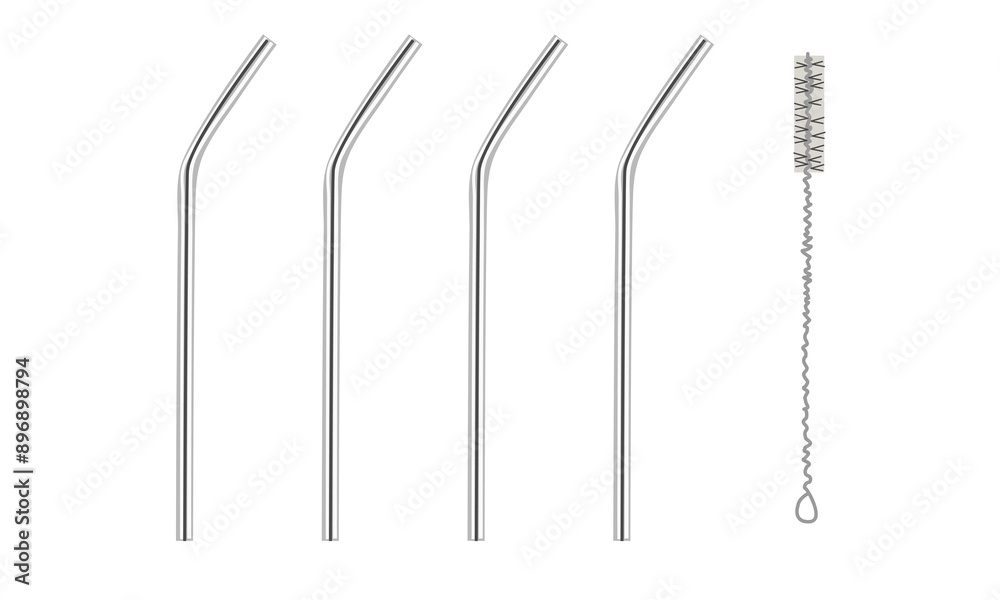Straws for drink. Realistic beverage pipes. Silver cocktail sticks. Steel straight and curved tools. Cleaning ramrod brush. Zero waste. Vector ecological flat illustration isolate on white . Straws for drink. Realistic beverage pipes. Silver cocktail sticks. Steel straight and curved tools. Cleaning ramrod brush. Zero waste. Vector ecological flat illustration isolate on white .