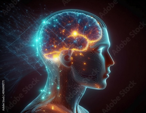 human head with brain, Illuminated Mind: A Holographic Human Head with a Glowing Brain