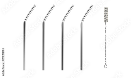 Straws for drink. Realistic beverage pipes. Silver cocktail sticks. Steel straight and curved tools. Cleaning ramrod brush. Zero waste. Vector ecological flat illustration isolate on white .