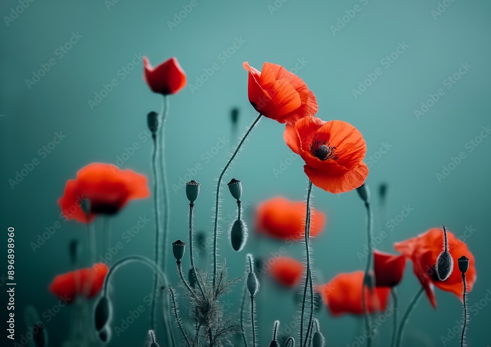 Obraz premium Vibrant Red Poppies in Bloom Against a Teal Background, Floral Summer concept