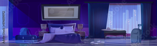 Modern hotel bedroom interior at night cartoon. Wheel luggage in luxury room with double bed inside. Cityscape view from window in apartment panorama environment. Blanket and pillow decoration