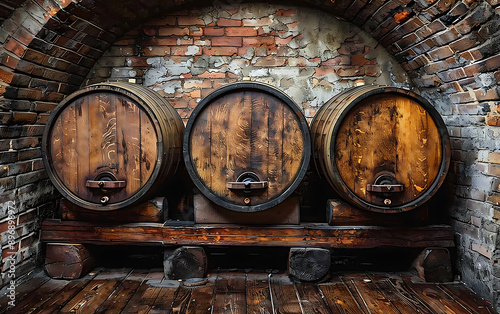 Wine Barrels Aging in Historic Cellar photo