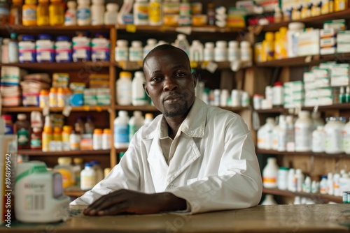 Portrait of a professional african pharmacist with a variety of medications in the background