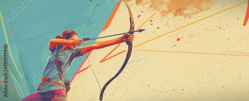 Woman Archer in Action with Abstract Background. Graphic design.