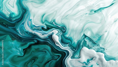  Teal and White Swirls in Fluid Acrylic Painting. Abstract Organic Shapes and Fluid Lines on White Background. Dynamic and Artistic Expression of Color and Movement.