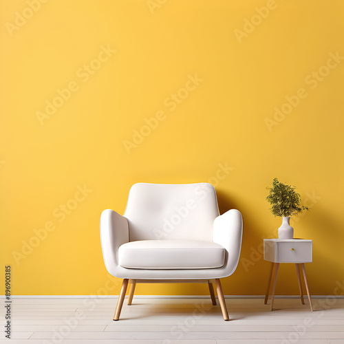 studio background with yellow wall and white armchair