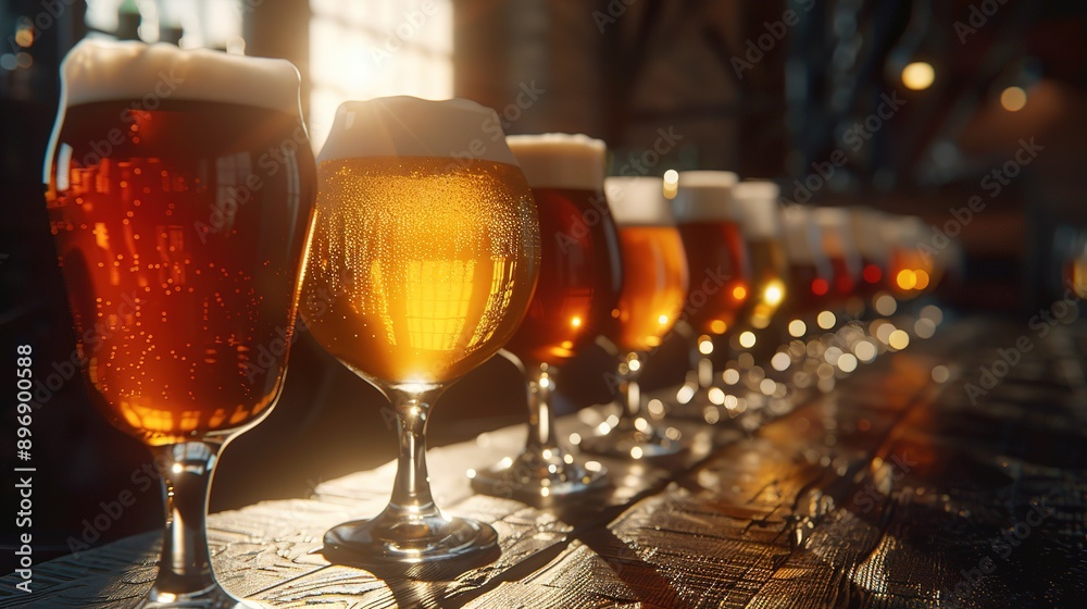 Beer in glasses on the table. Sunlight. Beer in glasses on the table. Sunlight.