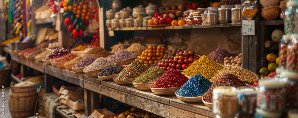 A vibrant display of spices, herbs, and dried goods in a traditional market, showcasing a wide array of colors and textures. A vibrant display of spices, herbs, and dried goods in a traditional market, showcasing a wide array of colors and textures.