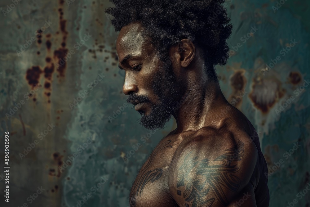 Portrait of a pensive tattooed man with a rustic, textured backdrop Portrait of a pensive tattooed man with a rustic, textured backdrop