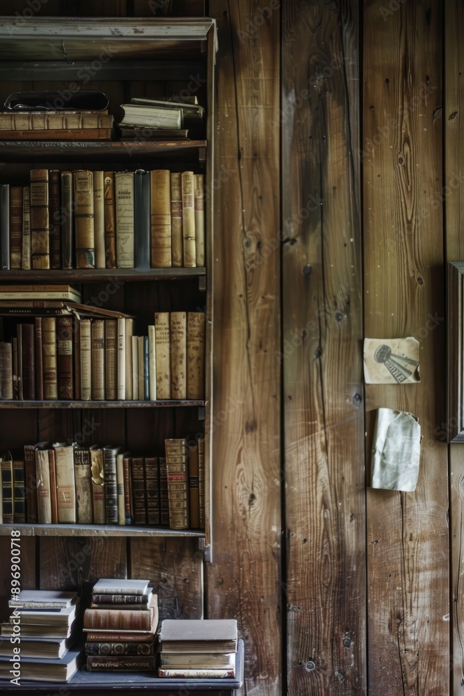 Old bookshelf with old books on wooden wall background in library Old bookshelf with old books on wooden wall background in library