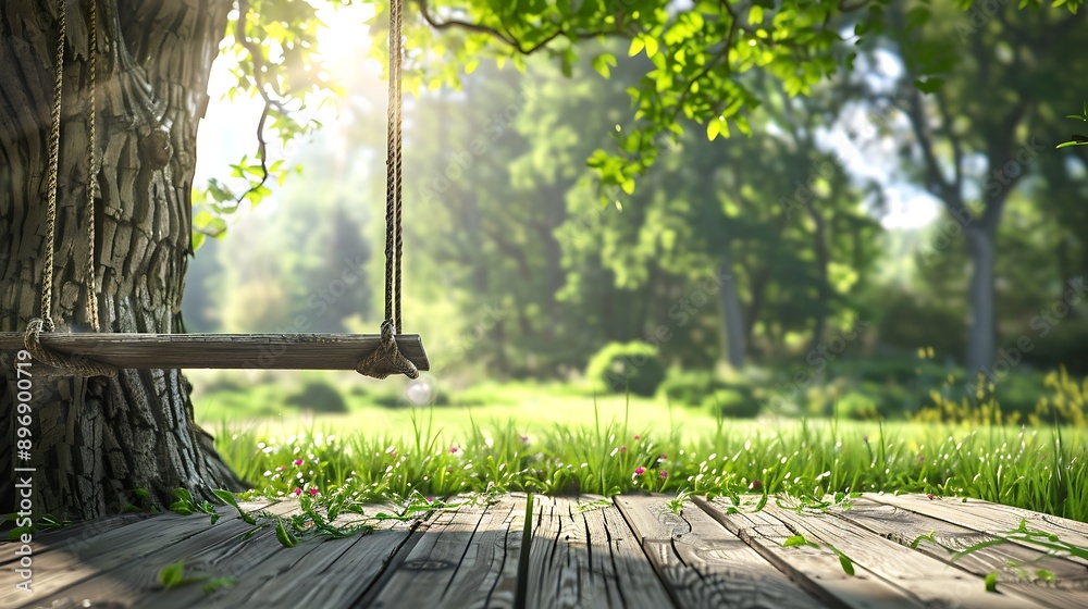 Old wooden terrace with wicker swing hang on the tree with green grass background