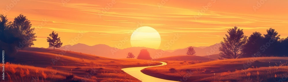 Sunset over meandering banks with winding paths, flat design, front view, countryside theme, animation, Triadic Color Scheme Sunset over meandering banks with winding paths, flat design, front view, countryside theme, animation, Triadic Color Scheme
