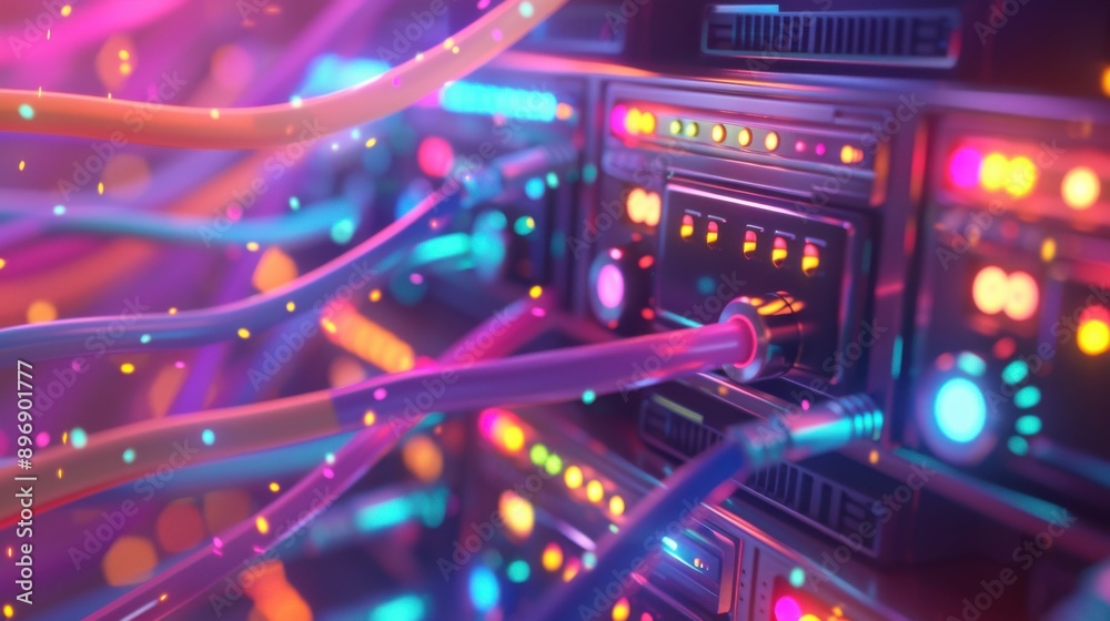 A charming 3D blender minimalist render of a data center, viewed from a dynamic angle. The illustration features neatly arranged server racks with glowing indicators, interconnected by smooth, A charming 3D blender minimalist render of a data center, viewed from a dynamic angle. The illustration features neatly arranged server racks with glowing indicators, interconnected by smooth,