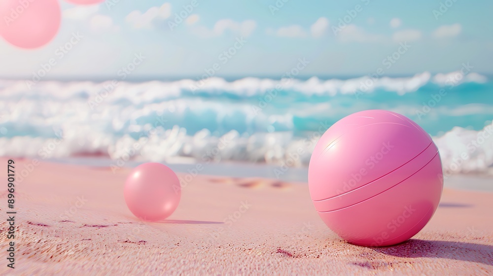Pink inflatable ball beach toy on pink summer background with balloon concept Pink inflatable ball beach toy on pink summer background with balloon concept