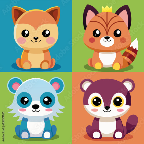 Set of funny cartoon animals including a cat, dog, bear, tiger, fox, pig, rabbit, panda, and more in a cute and playful style