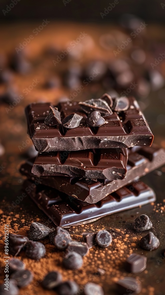 Classic Solid Milk Chocolate Bar on Rustic Surface With Scattered Chocolate Chunks Classic Solid Milk Chocolate Bar on Rustic Surface With Scattered Chocolate Chunks