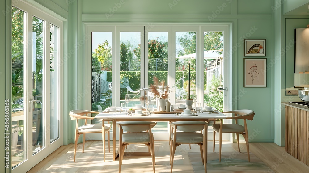 Obraz premium Elegant dining area with mint green walls, light wood furniture, and white table setting. Sunlit space with large glass doors to the garden.