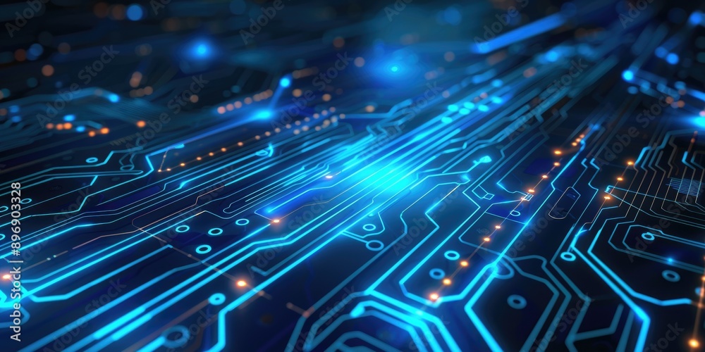 Close-up of a glowing blue circuit board with intricate pathways and connections. The design features bright blue and orange elements, creating a high-tech and futuristic feel. Close-up of a glowing blue circuit board with intricate pathways and connections. The design features bright blue and orange elements, creating a high-tech and futuristic feel.