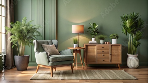 Elegant sage green walled living room featuring stylish armchair, wooden commode, side table, plants, and creative accessories in modern decor.