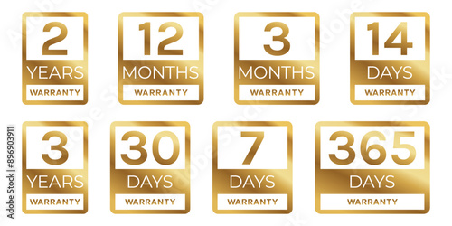 Warranty years months days hours logo, badge, icon, sticker, label, emblem, stamp, symbol, black, golden, flat vector, isolated illustration.
