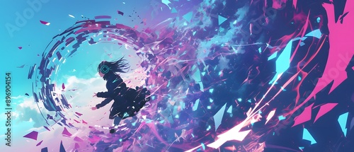 Woman with Headphones Stepping into a Portal.