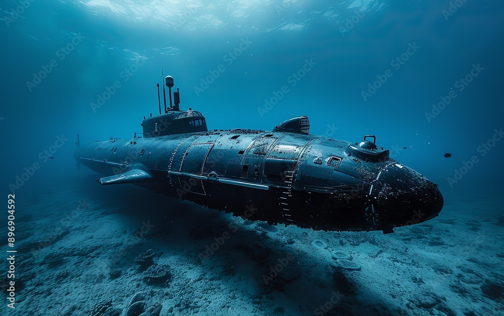 Deep sea submarine exploration Wideangle underwater photography, side view of a submarine, showcasing its full body in the vast ocean environment Deep sea submarine exploration Wideangle underwater photography, side view of a submarine, showcasing its full body in the vast ocean environment