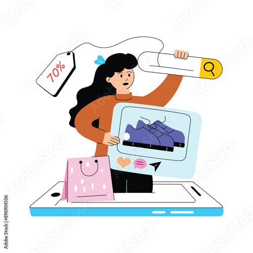 Girl with sale tags, a conceptual vector illustration of online sale