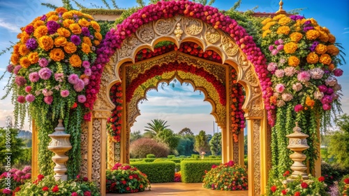 Intricate ornate Indian arch adorned with vibrant flowers and lush greenery, perfect for luxurious wedding invitations and ceremonial decor.